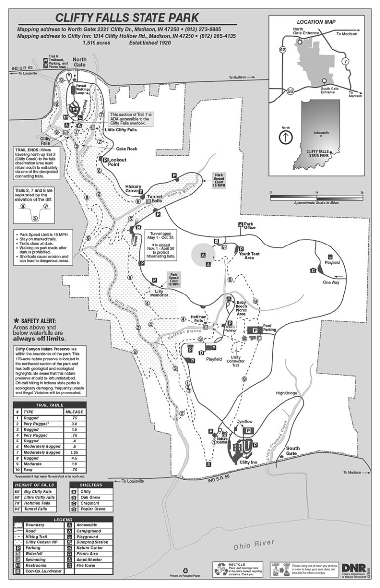 Map of Park and Trails at Clifty Falls State Park
