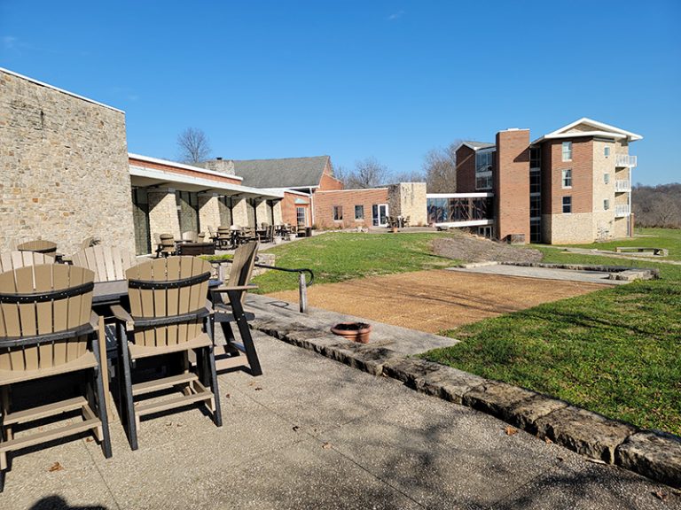 Clifty Inn riverfront patio at Clifty Falls State Park